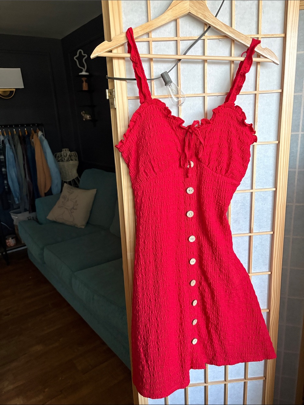No Boundaries Vibrant Red Ruffle-Trim Button Front Mini Dress